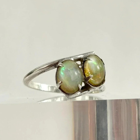 Faux Ethiopian Oval Cut Double Stone Sterling Silver 925 Stamped Ring - sz 5.5 - Picture 2 of 10